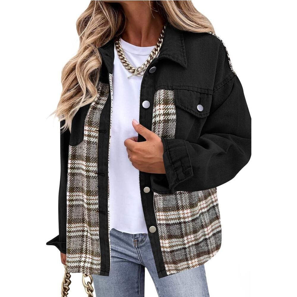 ZESICA Women's Denim Jacket Plaid Button Down Lapel Collar Shacket with Pocket L